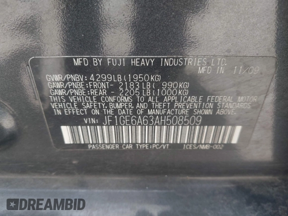 2010 Subaru Impreza i с VIN JF1GE6A63AH508509, выставлен на аукционе IAAI как лот 41996502 с пробегом 166 930 миль миль и . История ставок и продаж доступна на DreamBid. Изображение 9.