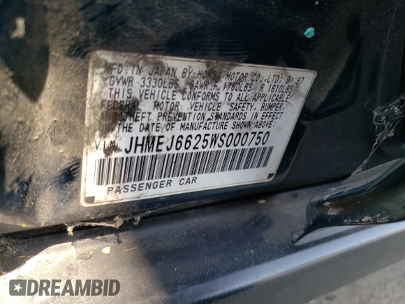 1998 Honda Civic DX with VIN JHMEJ6625WS000750, listed as a Copart auction lot 62486554 with 149,369 mi miles and Salvage Title. Bid and sale history available at DreamBid. Image 15.