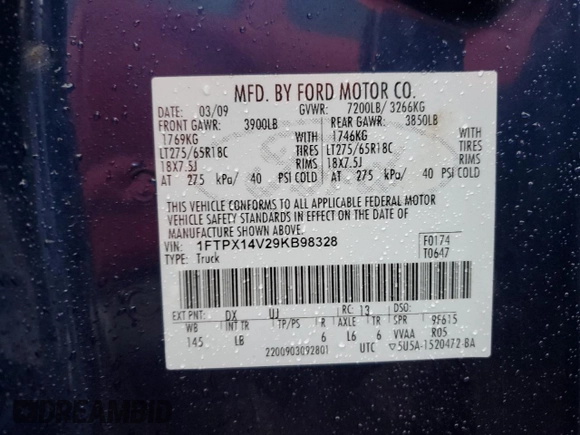 2009 Ford F-150 XL with VIN 1FTPX14V29KB98328, listed as a Copart auction lot 49290255 with 167,707 mi miles and Clean Title. Bid and sale history available at carsss.com. Image 12.