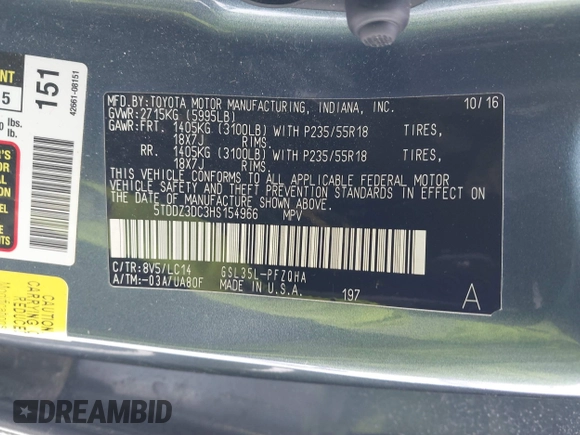 2017 Toyota Sienna XLE with VIN 5TDDZ3DC3HS154966, listed as a IAAI auction lot 41523393 with 141,365 mi miles and . Bid and sale history available at DreamBid. Image 9.