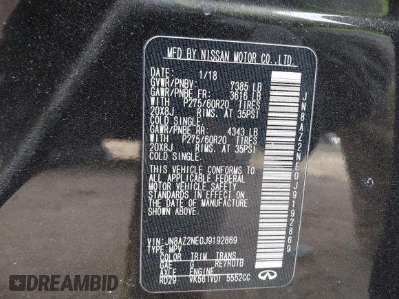 2018 Infiniti QX80 with VIN JN8AZ2NE0J9192869, listed as a IAAI auction lot 41434422 with 111,110 mi miles and . Bid and sale history available at DreamBid. Image 9.