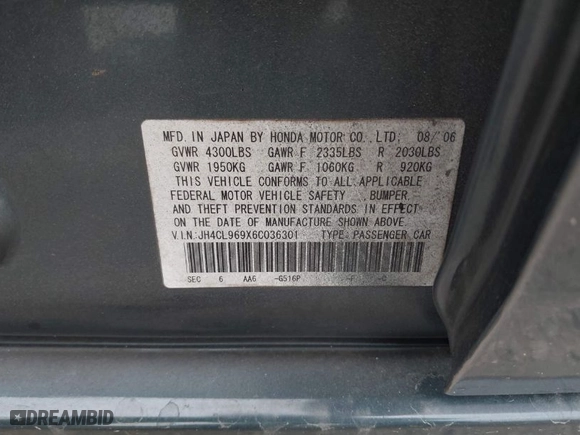 2006 Acura TSX Navi with VIN JH4CL969X6C036301, listed as a IAAI auction lot 41730683 with 168242 miles. Bid and sale history available at carsss.com. Image 9.