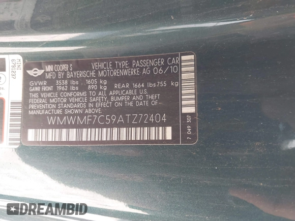 2010 MINI Hardtop S with VIN WMWMF7C59ATZ72404, listed as a IAAI auction lot 42070994 with 120,502 mi miles and . Bid and sale history available at DreamBid. Image 9.