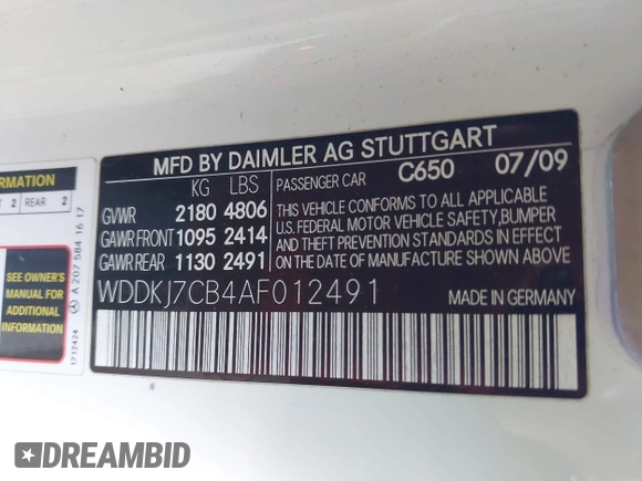 2010 Mercedes-Benz E 550 with VIN WDDKJ7CB4AF012491, listed as a IAAI auction lot 42165752 with 67,581 mi miles and . Bid and sale history available at DreamBid. Image 9.