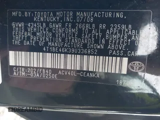 2009 Toyota Camry with VIN 4T1BE46K39U336852, listed as a IAAI auction lot 41981860 with 251,240 mi miles. Bid and sale history available at carsss.com. Image 9.