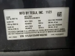 2022 Tesla Model S Plaid z VIN 5YJSA1E64NF460280, wystawiony jako Copart lot #60063745 z przebiegiem 42 387 mil mil oraz Szkoda całkowita • Salvage title. Historia ofert i sprzedaży dostępna na DreamBid. Obrazek 12.
