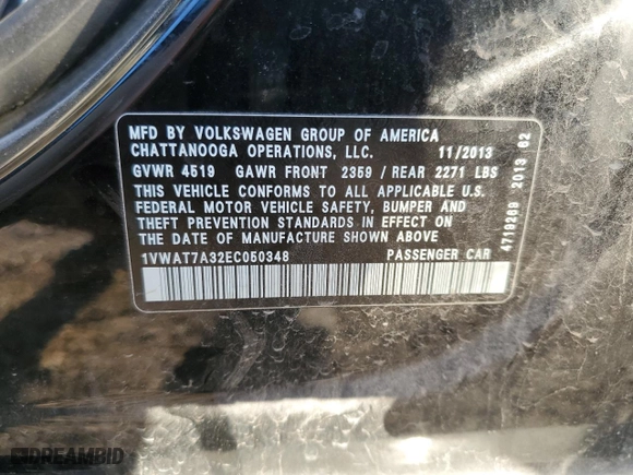 2014 Volkswagen Passat Wolfsburg Ed with VIN 1VWAT7A32EC050348, listed as a Copart auction lot 48315635 with 0 mi miles and Salvage Title. Bid and sale history available at carsss.com. Image 12.