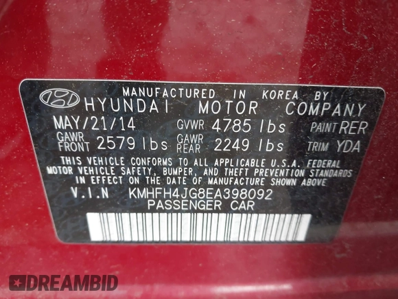 2014 Hyundai Azera Limited z VIN KMHFH4JG8EA398092, wystawiony jako IAAI lot #42046561 z przebiegiem 171 270 mil mil oraz . Historia ofert i sprzedaży dostępna na DreamBid. Obrazek 9.