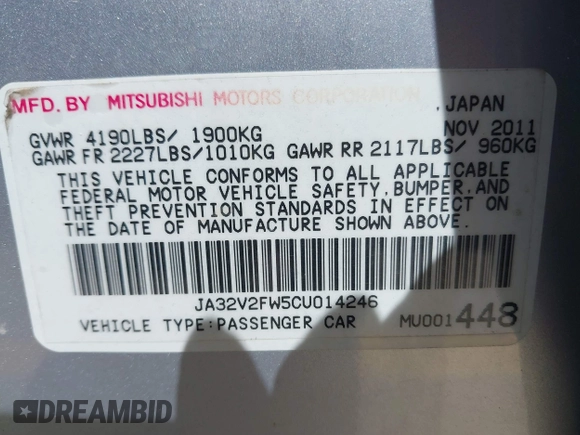 2012 Mitsubishi Lancer SE with VIN JA32V2FW5CU014246, listed as a IAAI auction lot 41981183 with 130,232 mi miles and . Bid and sale history available at DreamBid. Image 9.