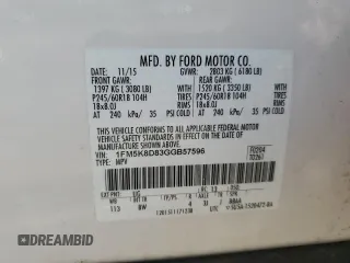 2016 Ford Explorer XLT with VIN 1FM5K8D83GGB57596, listed as a Copart auction lot 54983325 with 119,575 mi miles and Salvage Title. Bid and sale history available at DreamBid. Image 13.