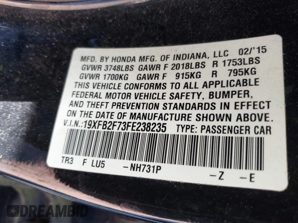 2015 Honda Civic Sedan SE with VIN 19XFB2F73FE238235, listed as a IAAI auction lot 41662447 with 144,077 mi miles. Bid and sale history available at carsss.com. Image 9.