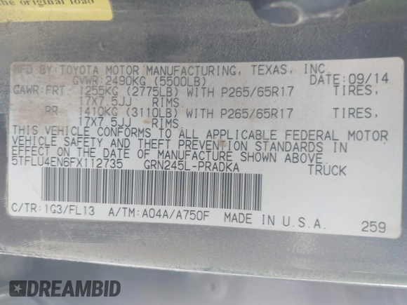 2015 Toyota Tacoma with VIN 5TFLU4EN6FX112735, listed as a IAAI auction lot 41997990 with 159,322 mi miles and . Bid and sale history available at DreamBid. Image 9.