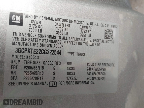 2012 Chevrolet Silverado 1500 LTZ with VIN 3GCPKTE22CG222544, listed as a IAAI auction lot 41508077 with 120,086 mi miles and . Bid and sale history available at DreamBid. Image 9.