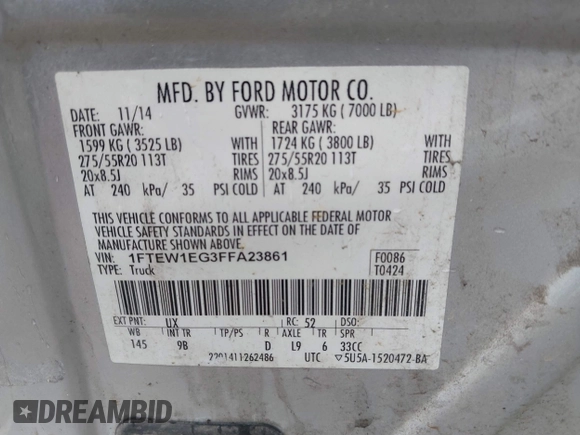 2015 Ford F-150 XLT с VIN 1FTEW1EG3FFA23861, выставлен на аукционе IAAI как лот 42430906 с пробегом 167 029 миль миль и . История ставок и продаж доступна на DreamBid. Изображение 9.