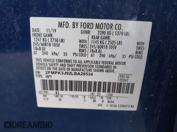 2020 Ford Edge SEL with VIN 2FMPK3J92LBA28534, listed as a IAAI auction lot 42059959 with 108,889 mi miles and . Bid and sale history available at DreamBid. Image 9.