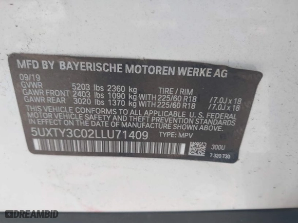 2020 BMW X3 sDrive30i with VIN 5UXTY3C02LLU71409, listed as a IAAI auction lot 41454035 with 51,844 mi miles. Bid and sale history available at carsss.com. Image 9.