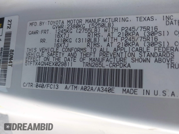 2014 Toyota Tacoma PreRunner with VIN 5TFTX4GN4EX029811, listed as a IAAI auction lot 41654199 with Not provided miles and . Bid and sale history available at DreamBid. Image 9.