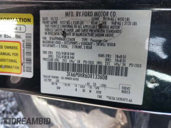 2013 Ford Fusion SE with VIN 3FA6P0HR6DR133608, listed as a IAAI auction lot 41962033 with 221,603 mi miles. Bid and sale history available at carsss.com. Image 9.