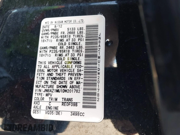 2013 Nissan Murano SL with VIN JN8AZ1MU1DW201782, listed as a IAAI auction lot 41653993 with 134,976 mi miles. Bid and sale history available at carsss.com. Image 9.