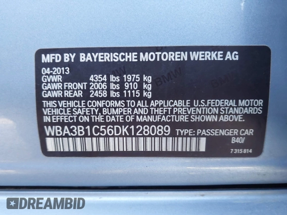 2013 BMW 3 Series 320i with VIN WBA3B1C56DK128089, listed as a IAAI auction lot 41332091 with 101,155 mi miles. Bid and sale history available at carsss.com. Image 8.