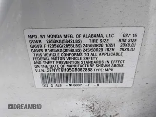 2016 Honda Pilot Elite with VIN 5FNYF6H05GB062868, listed as a IAAI auction lot 41804794 with 1 mi miles. Bid and sale history available at carsss.com. Image 9.