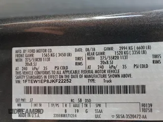 2018 Ford F-150 XL with VIN 1FTEW1EP8JKF22252, listed as a Copart auction lot 62425465 with 43,844 mi miles and Salvage title. Bid and sale history available at DreamBid. Image 13.