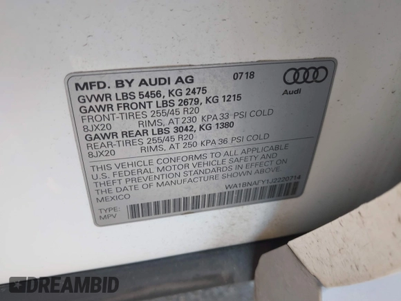 2018 Audi Q5 Premium Plus with VIN WA1BNAFY1J2220714, listed as a IAAI auction lot 41209386 with 70,012 mi miles and . Bid and sale history available at DreamBid. Image 9.