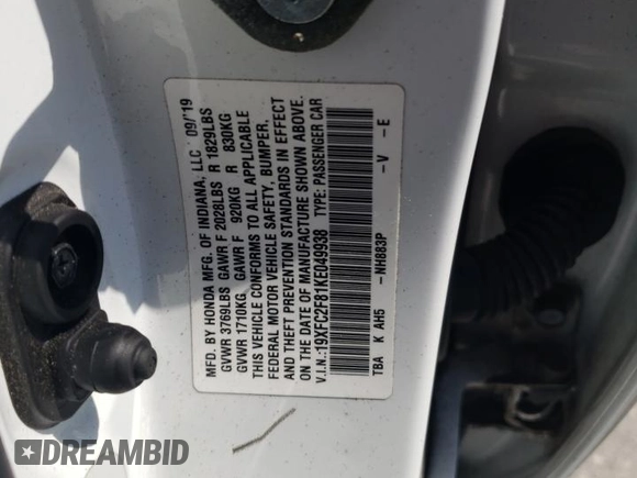 2019 Honda Civic Sport with VIN 19XFC2F81KE049938, listed as a Copart auction lot 52712405 with 150,985 mi miles and Salvage Title. Bid and sale history available at DreamBid. Image 14.