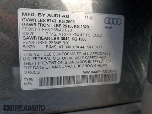 2021 Audi SQ5 Premium Plus with VIN WA1B4AFY1M2035067, listed as a Copart auction lot 55983255 with 60,302 mi miles and Clean Title. Bid and sale history available at DreamBid. Image 13.