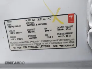2020 Tesla Model S Long Range with VIN 5YJSA1E27LF370700, listed as a IAAI auction lot 41703463 with 26,024 mi miles and . Bid and sale history available at carsss.com. Image 9.