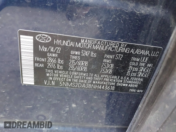 2022 Hyundai Santa Fe SEL with VIN 5NMS2DAJ8NH443618, listed as a IAAI auction lot 41728010 with 77,066 mi miles. Bid and sale history available at carsss.com. Image 9.