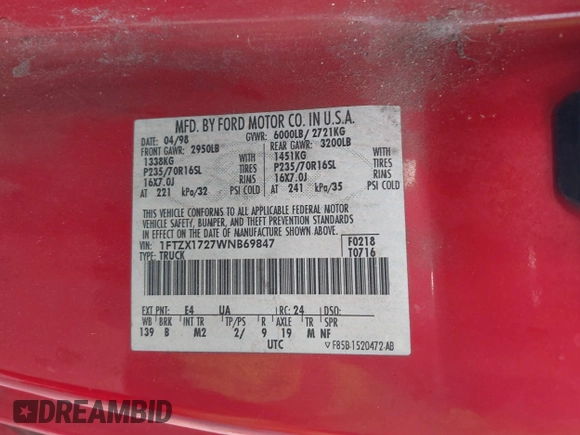1998 Ford F-150 с VIN 1FTZX1727WNB69847, выставлен на аукционе IAAI как лот 42186591 с пробегом 345 429 миль миль и . История ставок и продаж доступна на DreamBid. Изображение 9.
