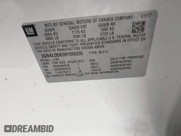 2017 Chevrolet Equinox Premier with VIN 2GNALDEK3H1566335, listed as a IAAI auction lot 41788506 with 120,961 mi miles. Bid and sale history available at carsss.com. Image 9.