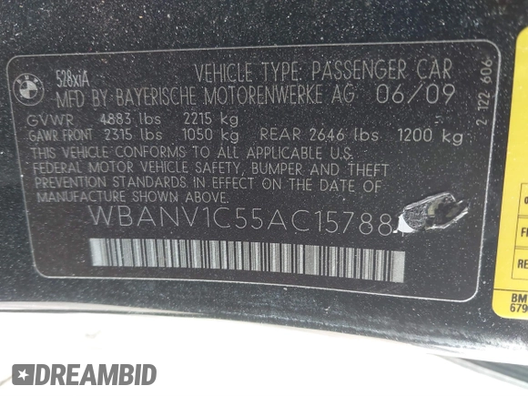 2010 BMW 5 Series 528i xDrive with VIN WBANV1C55AC157881, listed as a IAAI auction lot 41444108 with 127,413 mi miles and . Bid and sale history available at carsss.com. Image 9.
