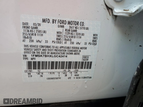 2020 Ford Explorer с VIN 1FMSK7BHXLGC42414, выставлен на аукционе Copart как лот 76521174 с пробегом Не указан миль и На запчасти • Non repairable. История ставок и продаж доступна на DreamBid. Изображение 14.