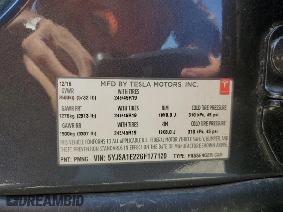 2016 Tesla Model S 90D with VIN 5YJSA1E22GF177120, listed as a Copart auction lot 51972885 with 73,441 mi miles and Salvage title. Bid and sale history available at DreamBid. Image 13.