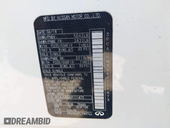 2019 Infiniti QX50 Luxe with VIN 3PCAJ5M3XKF111873, listed as a IAAI auction lot 41499218 with 37,383 mi miles and . Bid and sale history available at DreamBid. Image 9.