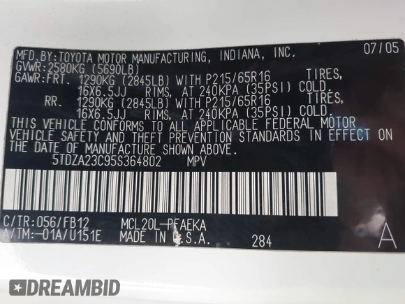 2005 Toyota Sienna CE with VIN 5TDZA23C95S364802, listed as a IAAI auction lot 42164931 with 201,737 mi miles and . Bid and sale history available at DreamBid. Image 9.