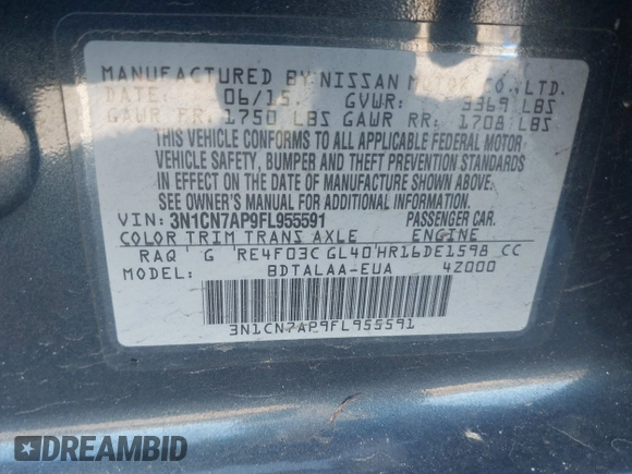 2015 Nissan Versa SV with VIN 3N1CN7AP9FL955591, listed as a IAAI auction lot 41492218 with 74,796 mi miles. Bid and sale history available at carsss.com. Image 9.