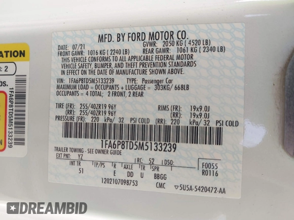 2021 Ford Mustang EcoBoost z VIN 1FA6P8TD5M5133239, wystawiony jako IAAI lot #41899042 z przebiegiem 65 553 mil mil oraz . Historia ofert i sprzedaży dostępna na DreamBid. Obrazek 9.