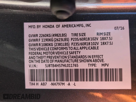 2017 Acura RDX Technology with VIN 5J8TB4H57HL011765, listed as a Copart auction lot 59239315 with 136,718 mi miles and Salvage title. Bid and sale history available at DreamBid. Image 12.