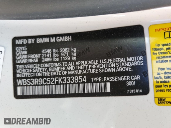 2015 BMW M4 with VIN WBS3R9C52FK333854, listed as a Copart auction lot 55025564 with 0 mi miles and Salvage Title. Bid and sale history available at carsss.com. Image 13.