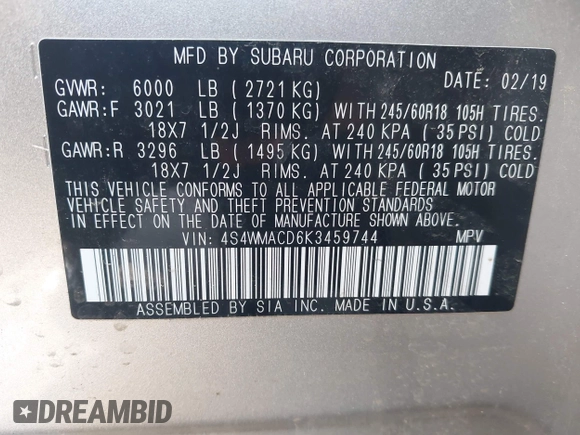 2019 Subaru Ascent Premium with VIN 4S4WMACD6K3459744, listed as a IAAI auction lot 41960104 with 123,401 mi miles and . Bid and sale history available at DreamBid. Image 9.