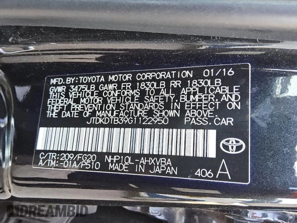 2016 Toyota Prius One with VIN JTDKDTB39G1122950, listed as a Copart auction lot 53509825 with 58,039 mi miles and Clean Title. Bid and sale history available at DreamBid. Image 12.