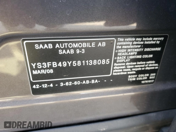 2008 Saab 9-3 z VIN YS3FB49Y581138085, wystawiony jako Copart lot #47542495 z przebiegiem 70 235 mil mil oraz Szkody całkowita. Historia ofert i sprzedaży dostępna na DreamBid. Obrazek 12.