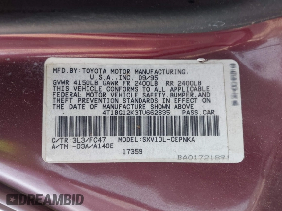 1996 Toyota Camry DX z VIN 4T1BG12K3TU662835, wystawiony jako IAAI lot #42060645 z przebiegiem 195 600 mil mil oraz . Historia ofert i sprzedaży dostępna na DreamBid. Obrazek 9.