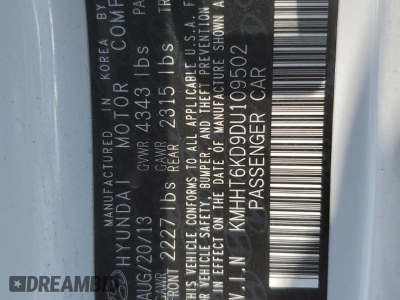 2013 Hyundai Genesis Coupe 2.0T with VIN KMHHT6KD9DU109502, listed as a Copart auction lot 65633444 with 98,387 mi miles and Salvage title. Bid and sale history available at DreamBid. Image 12.