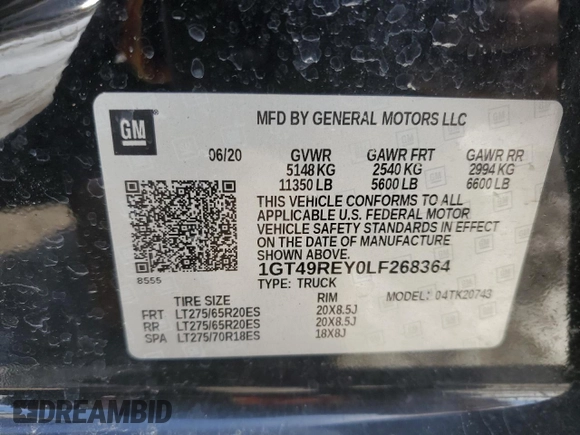 2020 GMC Sierra 2500HD Denali z VIN 1GT49REY0LF268364, wystawiony jako Copart lot #46127385 z przebiegiem Nie podano mil oraz Szkoda całkowita • Salvage title. Historia ofert i sprzedaży dostępna na DreamBid. Obrazek 13.