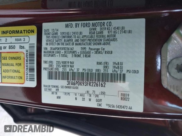2015 Ford Fusion Titanium with VIN 3FA6P0K93FR226162, listed as a IAAI auction lot 42111564 with 116,805 mi miles. Bid and sale history available at carsss.com. Image 9.