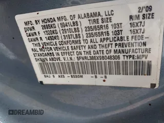 2009 Honda Odyssey EX-L with VIN 5FNRL386X9B048306, listed as a IAAI auction lot 42159882 with 189,623 mi miles. Bid and sale history available at carsss.com. Image 9.